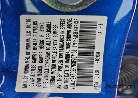 2016 Honda Civic Ex из США, поврежденный, VIN 19XFC2F76GE207138